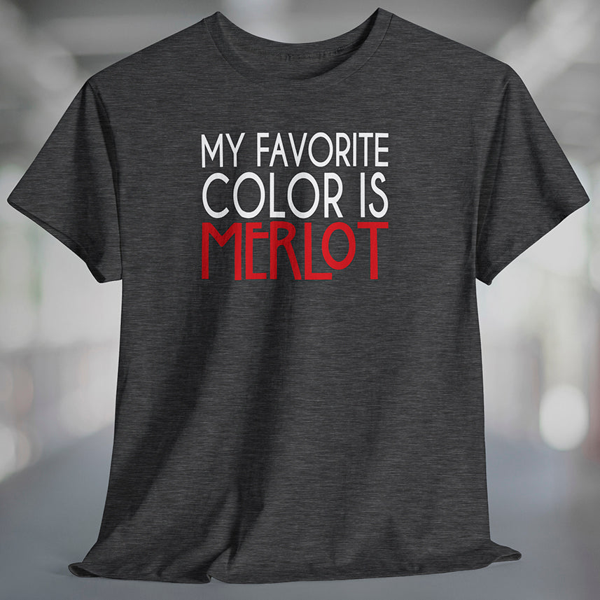 Heather gray t-shirt with 'My Favorite Color is Merlot' text