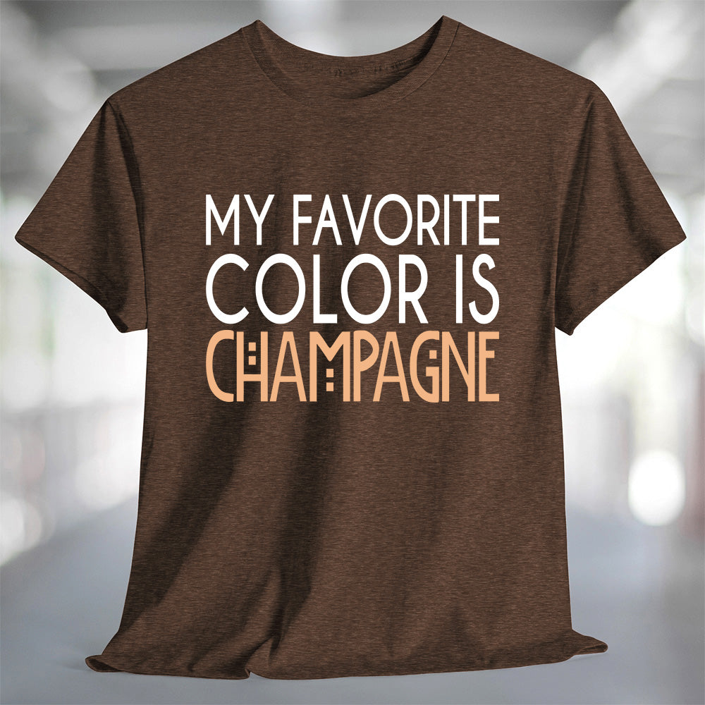 My Favorite Color is Champagne T-Shirt displayed on a stylish brown background.
