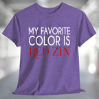 My Favorite Color is Red Zin T-Shirt displayed on a purple background, emphasizing a love for red wine.