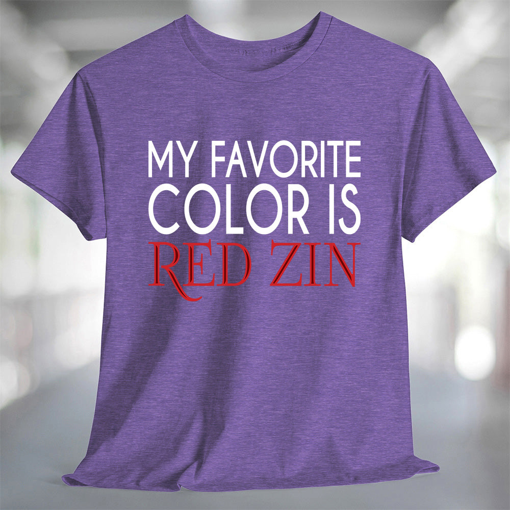 My Favorite Color is Red Zin T-Shirt displayed on a purple background, emphasizing a love for red wine.