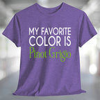My Favorite Color is Pinot Grigio T-Shirt displayed on a purple shirt in a casual setting.