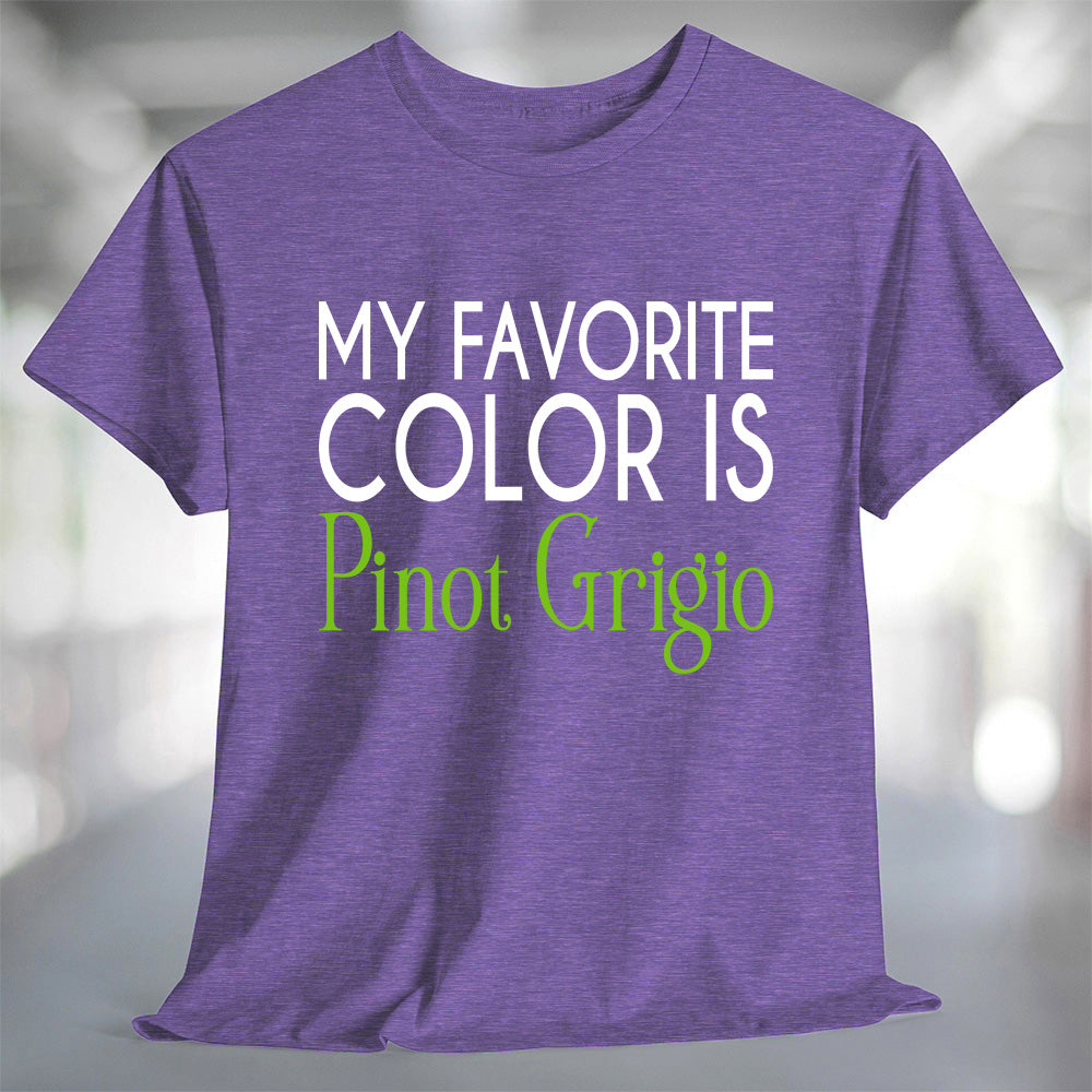 My Favorite Color is Pinot Grigio T-Shirt displayed on a purple shirt in a casual setting.