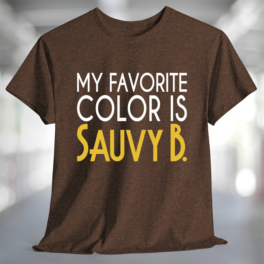 My Favorite Color is Sauvy B T-Shirt showcasing a fun design on a soft brown t-shirt.
