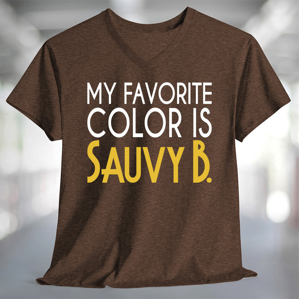 My Favorite Color is Sauvy B T-Shirt displayed on a stylish brown v-neck tee.