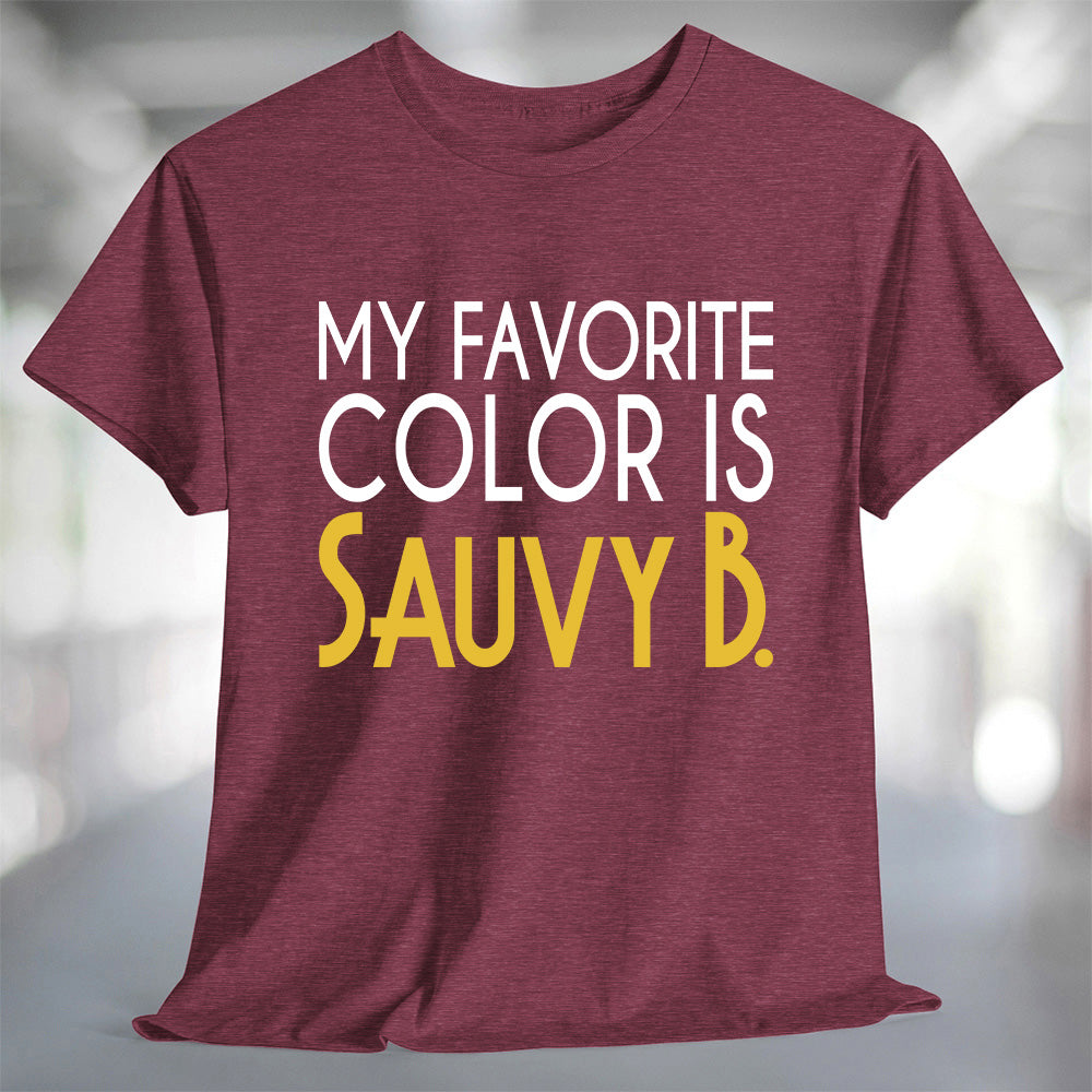 My Favorite Color is Sauvy B T-Shirt displayed on a soft burgundy tee, showcasing its fun typography.