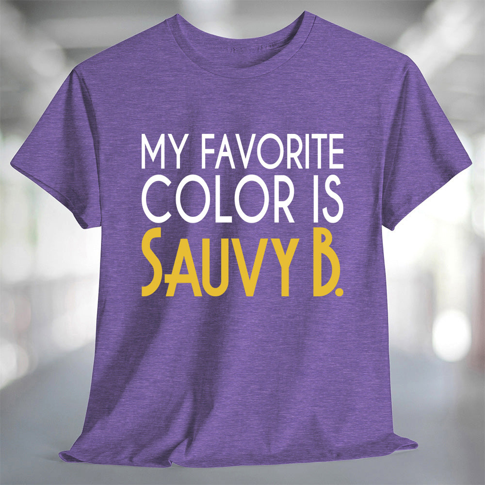 My Favorite Color is Sauvy B T-Shirt in purple with bold text.