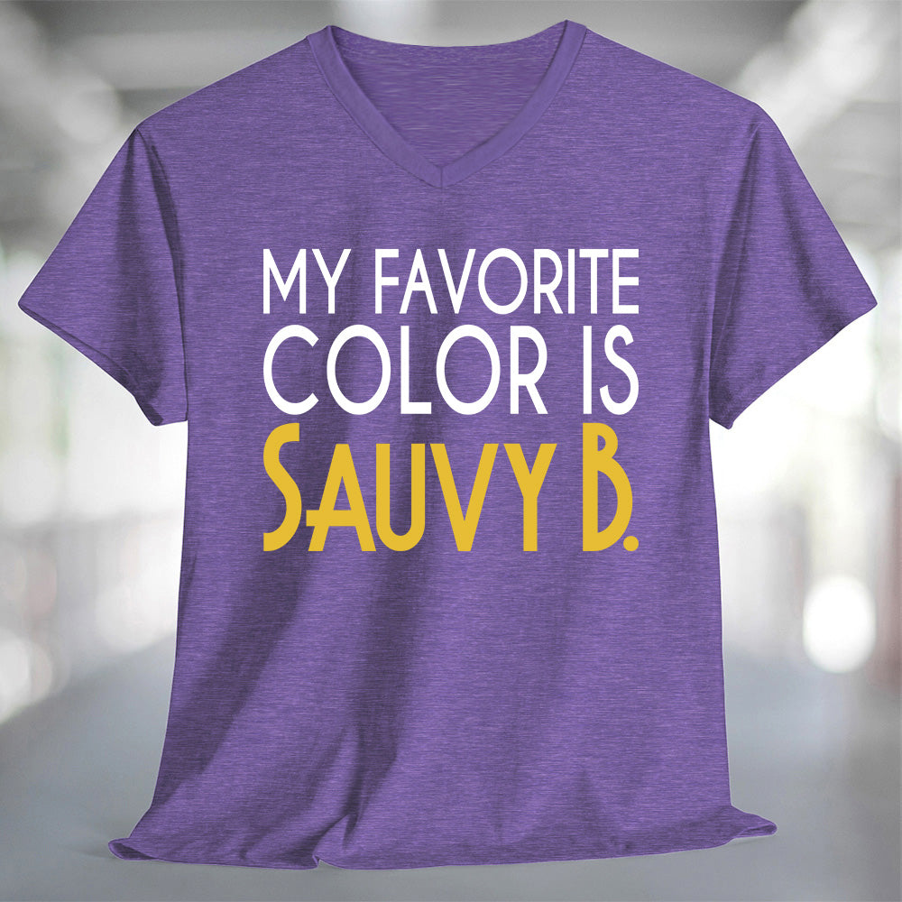 My Favorite Color is Sauvy B T-Shirt in purple with stylish typography design.