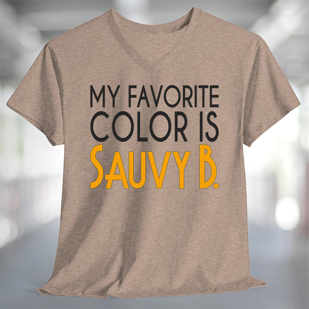 My Favorite Color is Sauvy B T-Shirt displayed on a stylish beige tee with bold text.