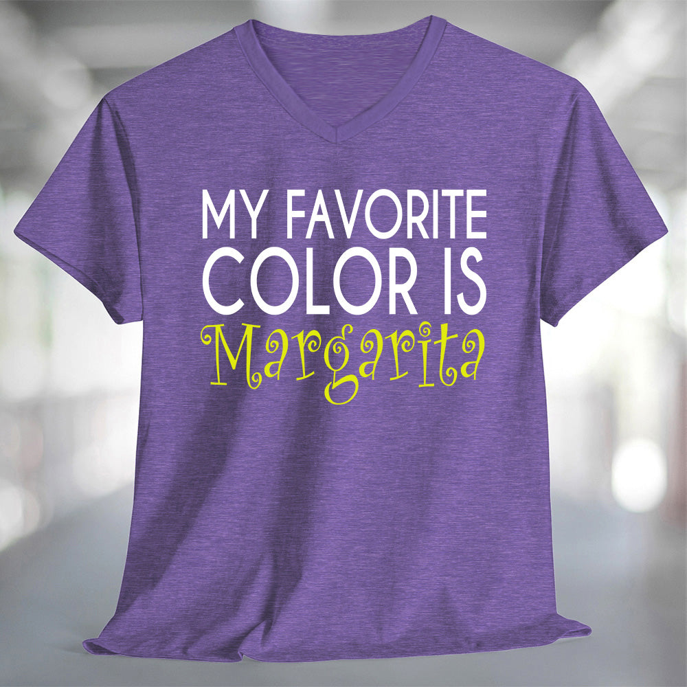 My Favorite Color is Margarita T-Shirt displayed on a purple v-neck tee, showcasing fun typography.