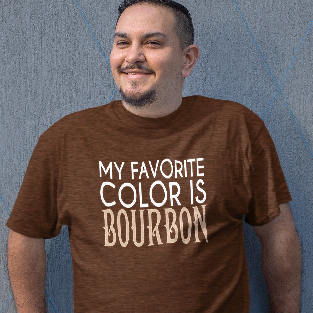 Man wearing My Favorite Color is Bourbon T-Shirt against a textured background, showcasing the trendy bourbon-themed design. Main image