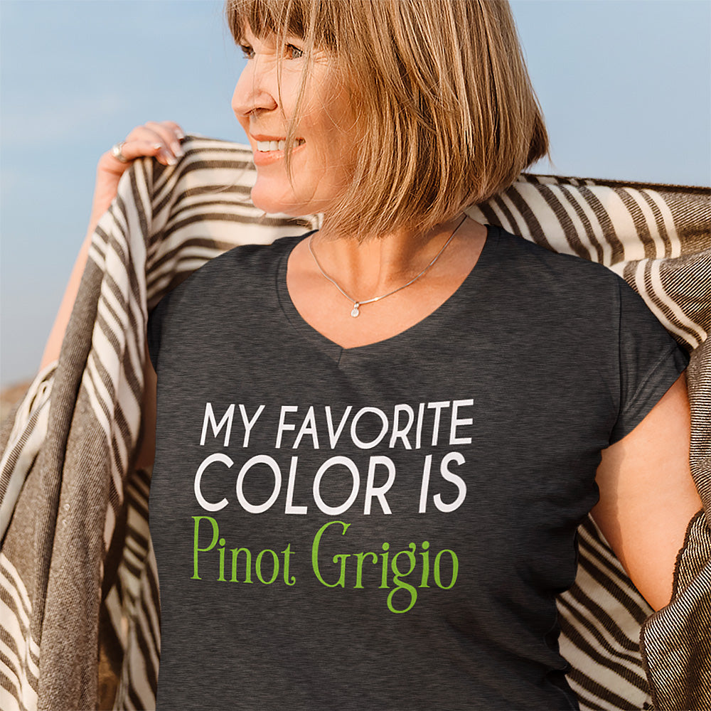 Woman wearing a My Favorite Color is Pinot Grigio T-Shirt, enjoying the outdoors Main image