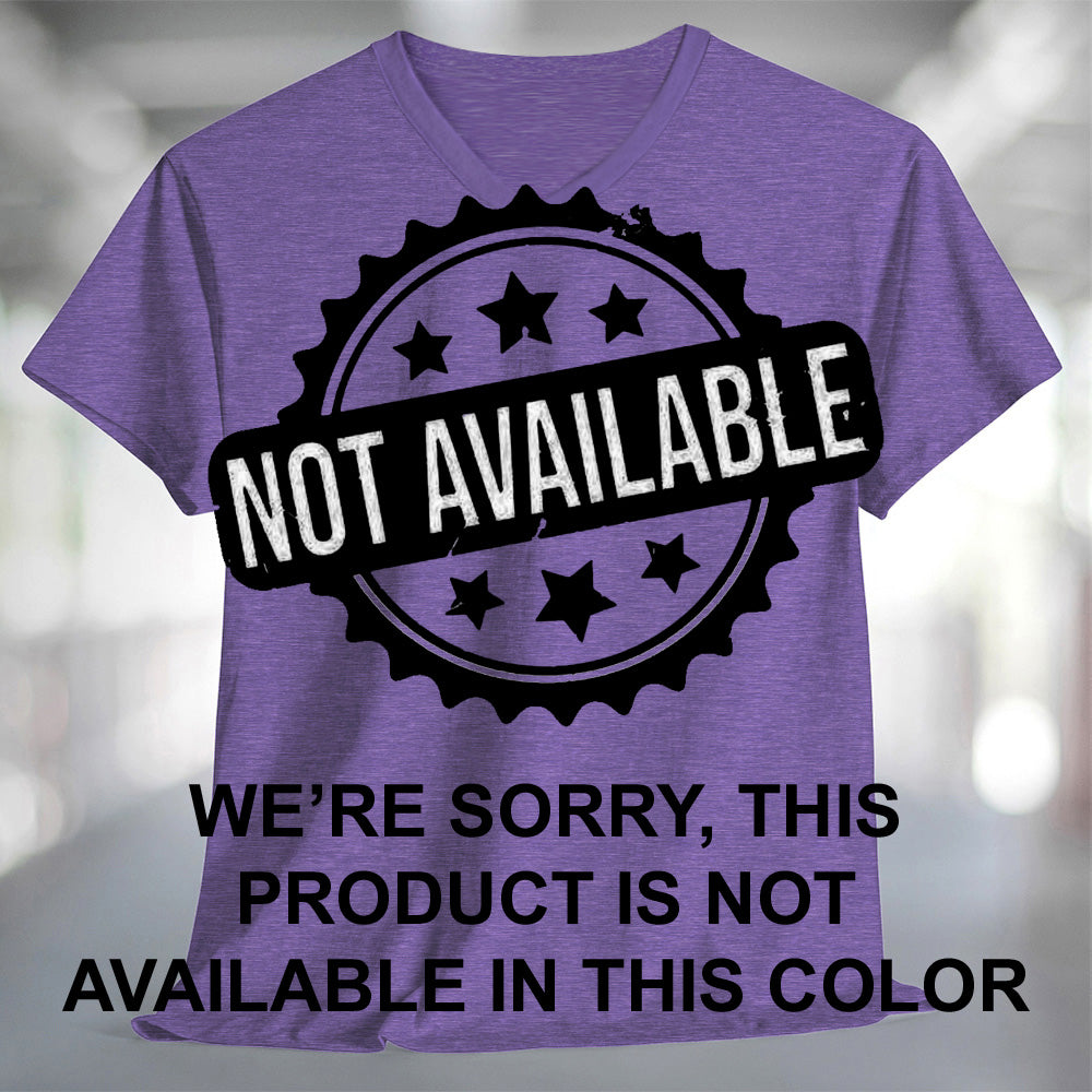 A heather purple short-sleeve V-neck T-shirt with text reading NOT AVAILABLE WE’RE SORRY, THIS PRODUCT IS NOT AVAILABLE IN THIS COLOR.