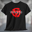 A black t-shirt with the Wine Life logo and a red retro 45 record adapter graphic
