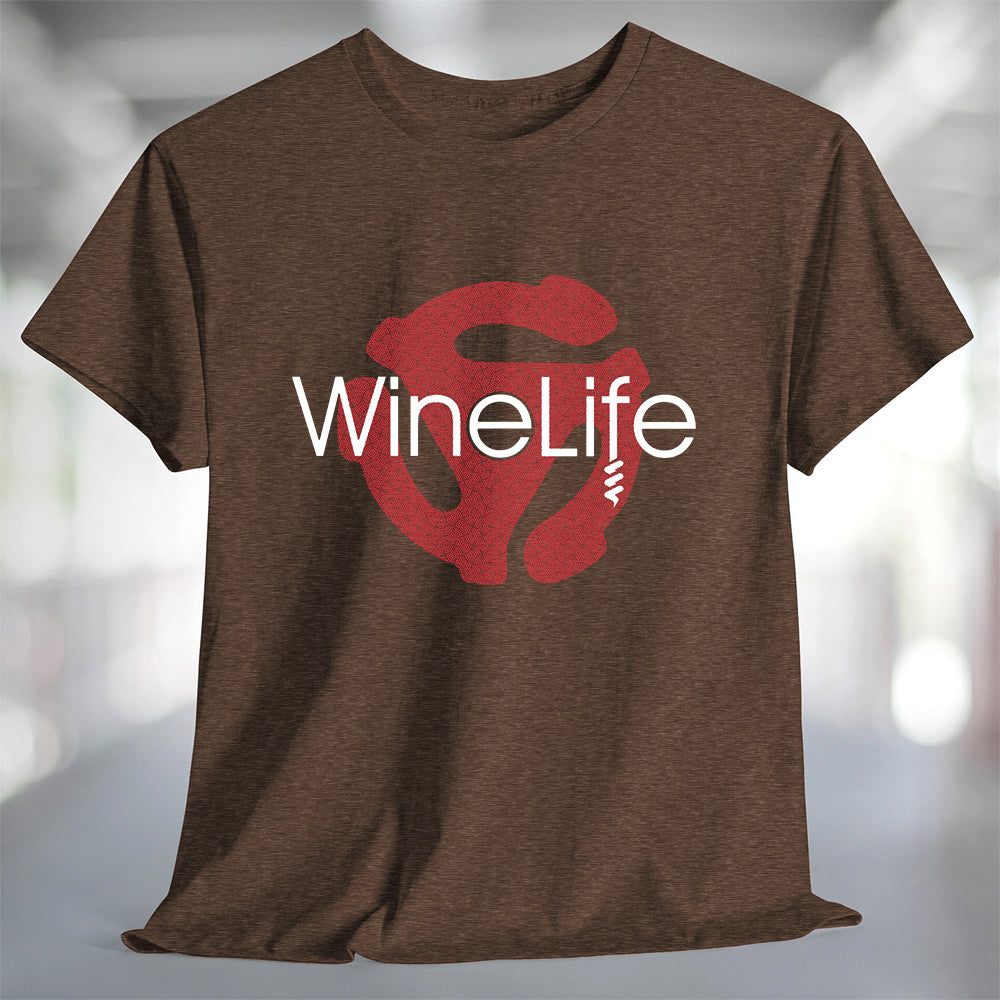 A heather brown t-shirt with the Wine Life logo and a red retro 45 record adapter 