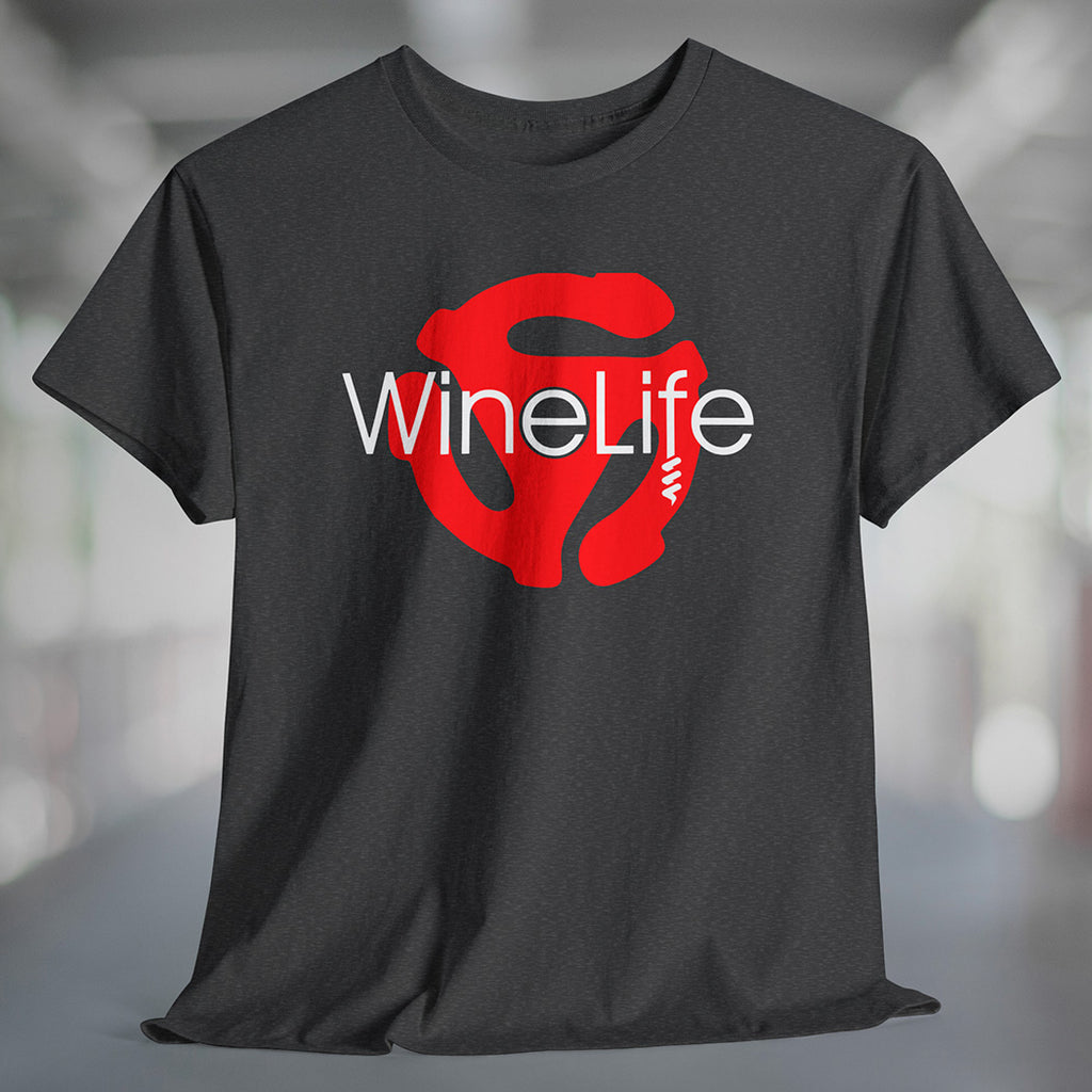 A heather charcoal t-shirt with the Wine Life logo and a red retro 45 record adapter 