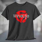 A heather charcoal t-shirt with the Wine Life logo and a red retro 45 record adapter 