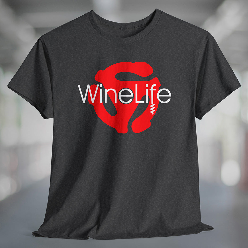 A heather charcoal t-shirt with the Wine Life logo and a red retro 45 record adapter 
