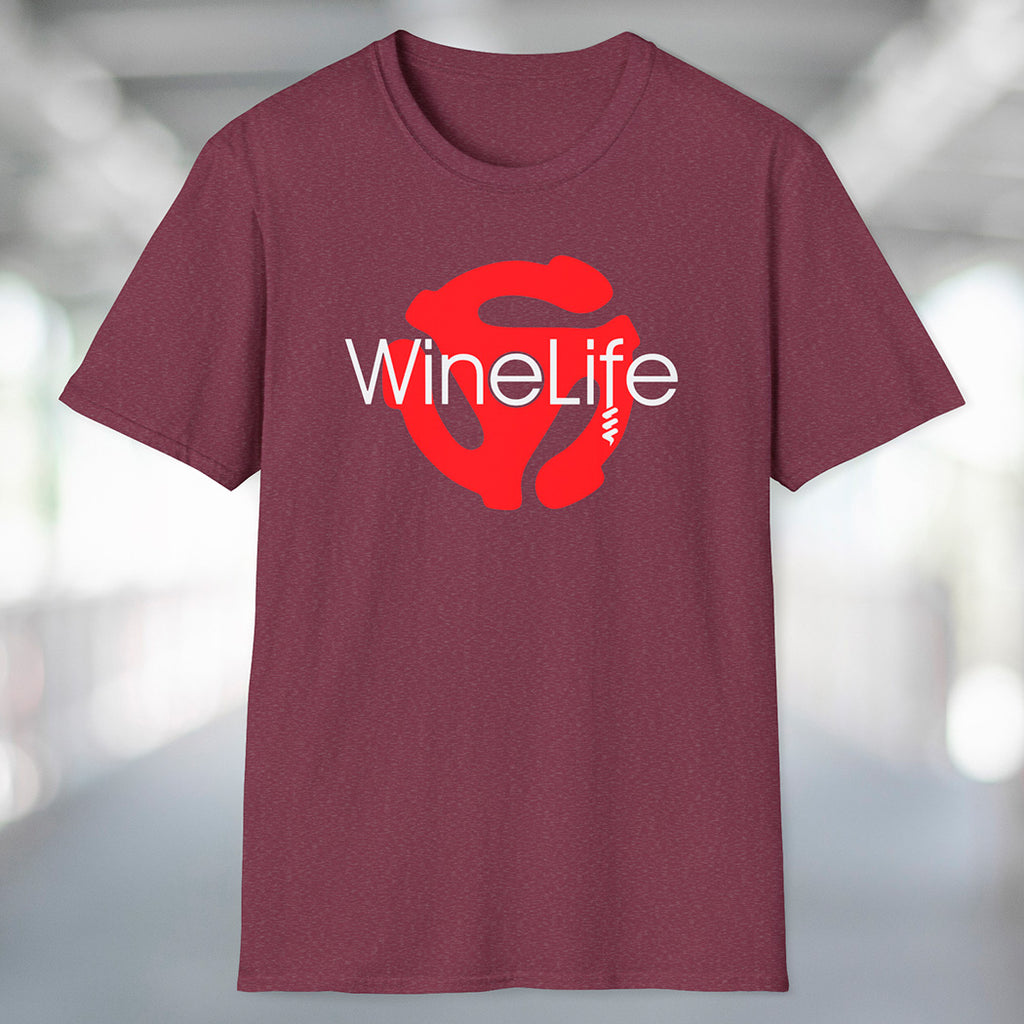 A heather maroon red t-shirt with the Wine Life logo and a red retro 45 record adapter 