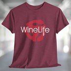 A heather maroon red t-shirt with the Wine Life logo and a red retro 45 record adapter 