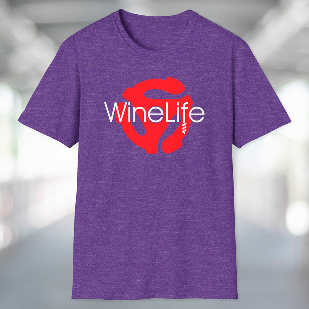 A heatherpurple t-shirt with the Wine Life logo and a red retro 45 record adapter 