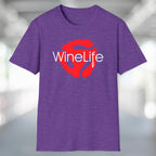 A heatherpurple t-shirt with the Wine Life logo and a red retro 45 record adapter 