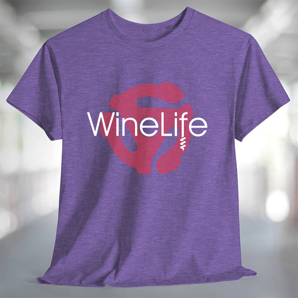A heatherpurple t-shirt with the Wine Life logo and a red retro 45 record adapter 