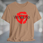 A heather tan t-shirt with the Wine Life logo and a red retro 45 record adapter 