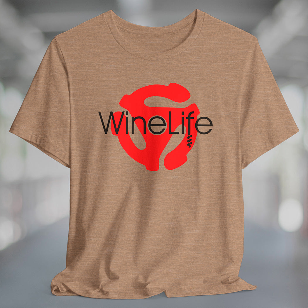 A heather tan t-shirt with the Wine Life logo and a red retro 45 record adapter 