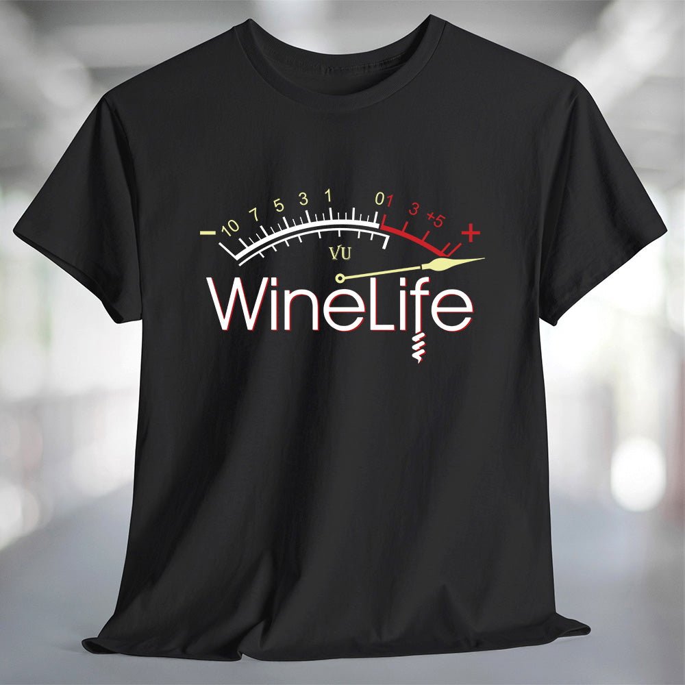 Red Wine Life Overload T-Shirt featuring a wine gauge design on a black tee