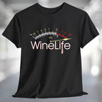 Red Wine Life Overload T-Shirt featuring a wine gauge design on a black tee