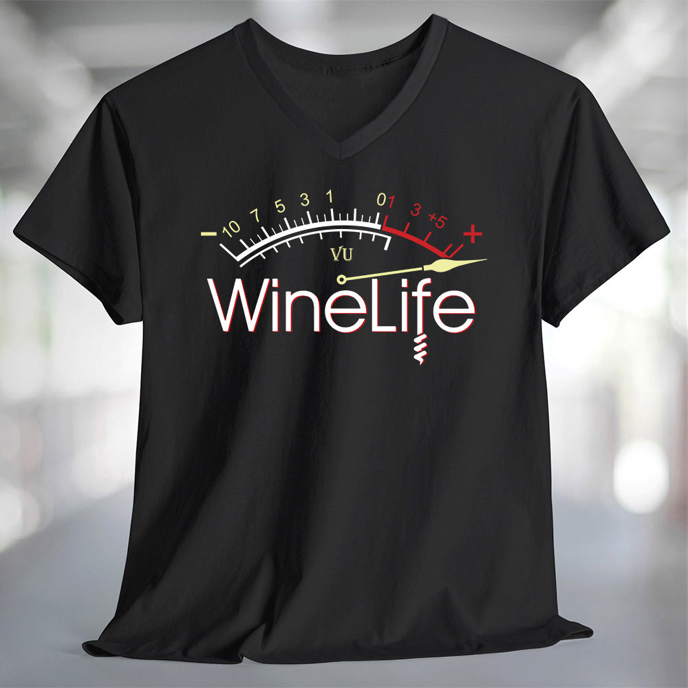 Red Wine Life Overload T-Shirt featuring a stylish Wine Life graphic on a black v-neck tee.