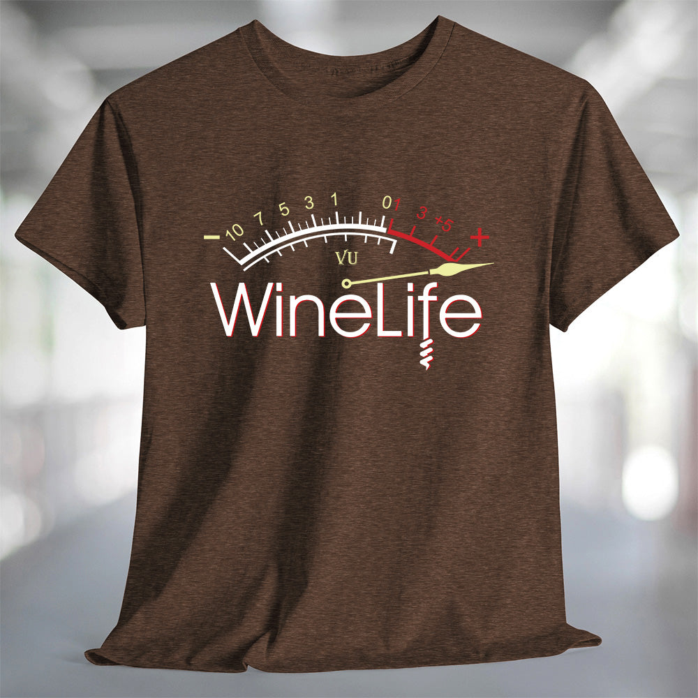 Red Wine Life Overload T-Shirt featuring a wine gauge design on a brown t-shirt