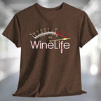 Red Wine Life Overload T-Shirt featuring a stylish 'Wine Life' gauge design on a brown V-neck tee.