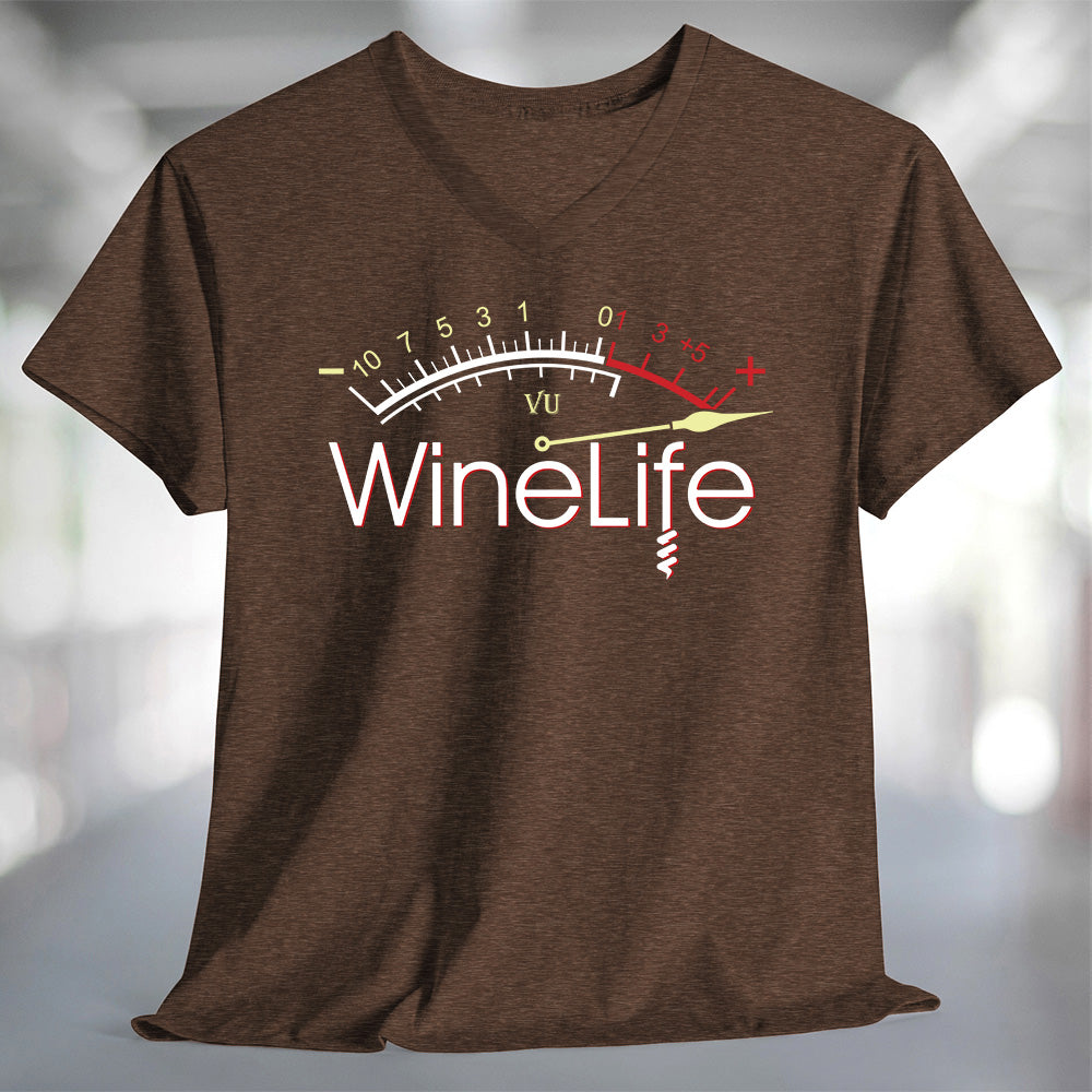 Red Wine Life Overload T-Shirt featuring a stylish 'Wine Life' gauge design on a brown V-neck tee.