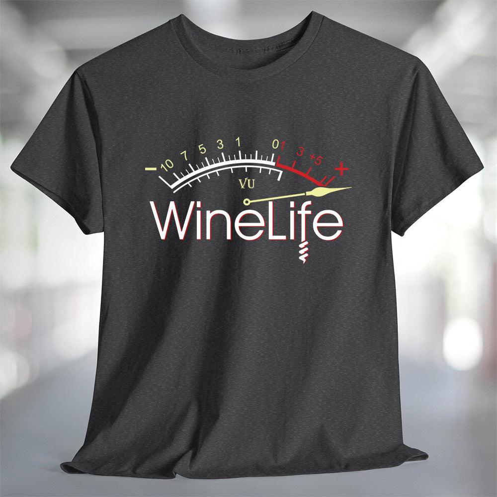 Red Wine Life Overload T-Shirt featuring a wine gauge design on a dark tee.