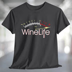 Red Wine Life Overload T-Shirt featuring a wine gauge design on a dark tee.
