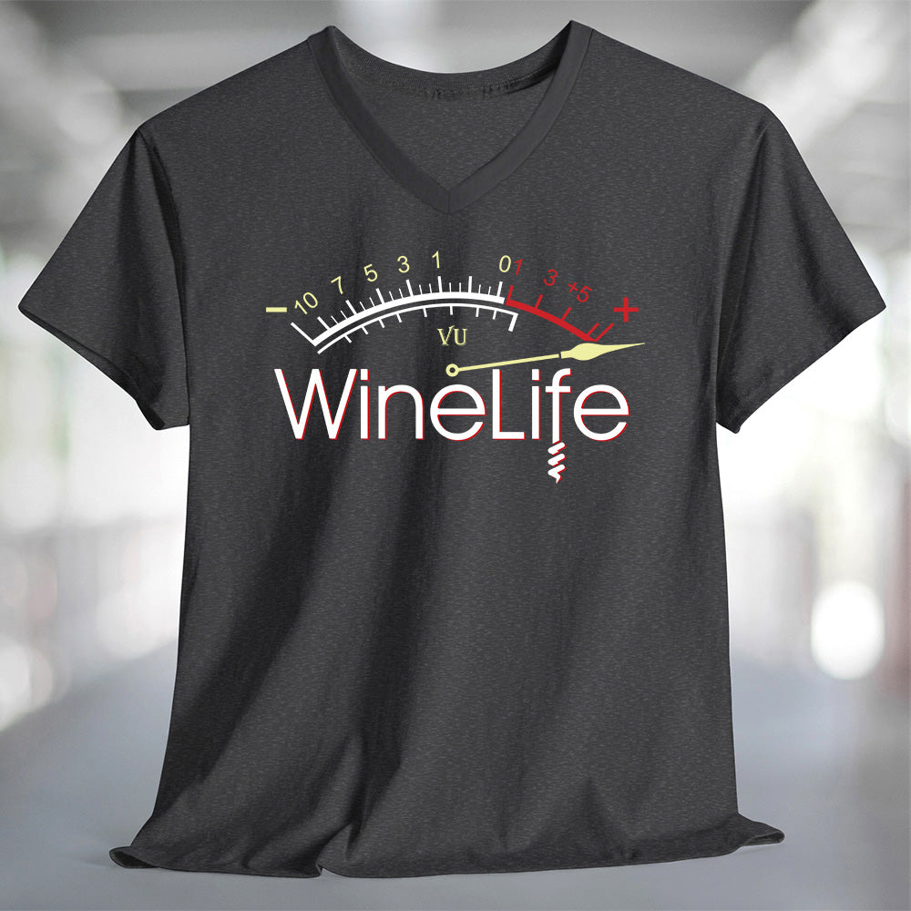 Red Wine Life Overload T-Shirt featuring a fun wine-themed graphic on a dark v-neck tee.
