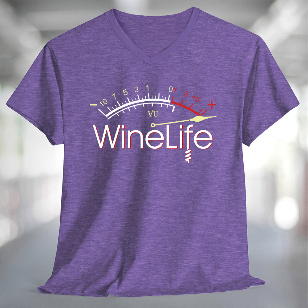 Red Wine Life Overload T-Shirt featuring a unique Wine Life design on a purple v-neck.