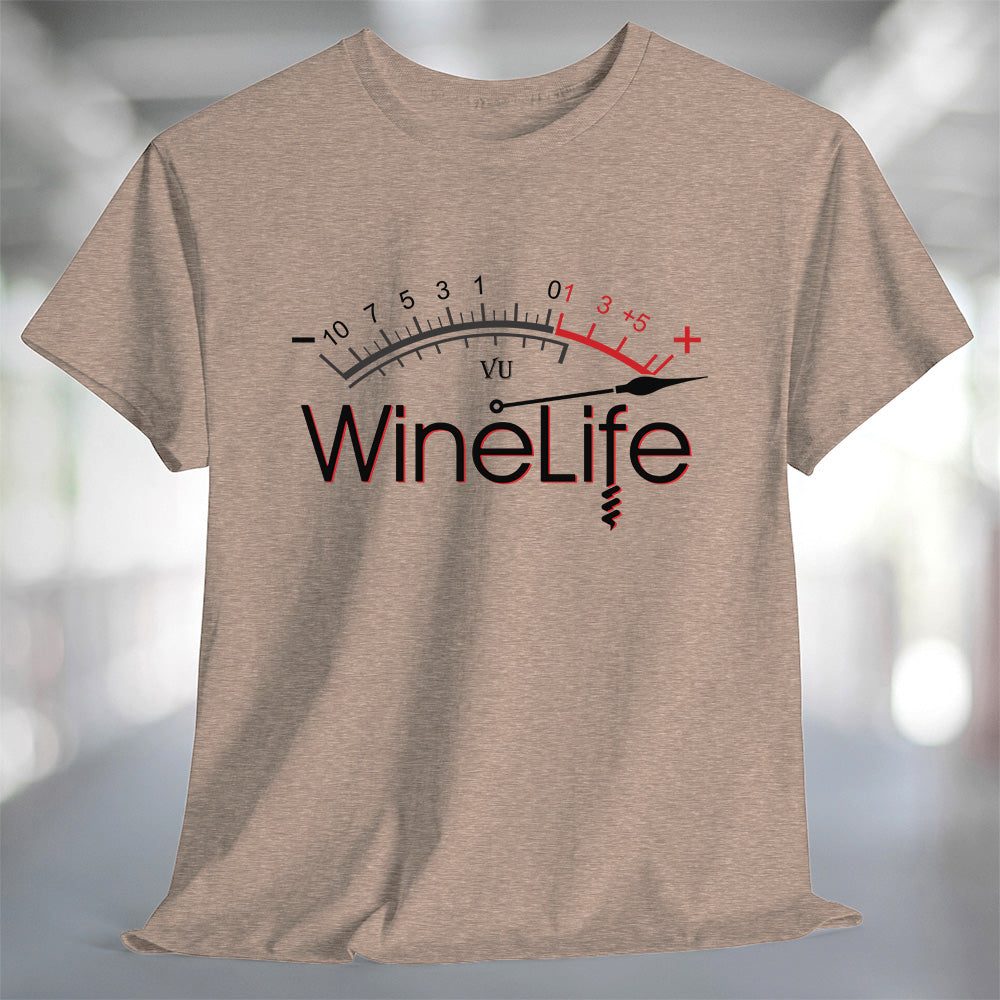 Red Wine Life Overload T-Shirt featuring a unique Wine Life graphic on a soft beige fabric.