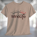 Red Wine Life Overload T-Shirt featuring a unique Wine Life graphic on a soft beige fabric.