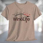 Red Wine Life Overload T-Shirt featuring a stylish wine gauge design on a tan background.
