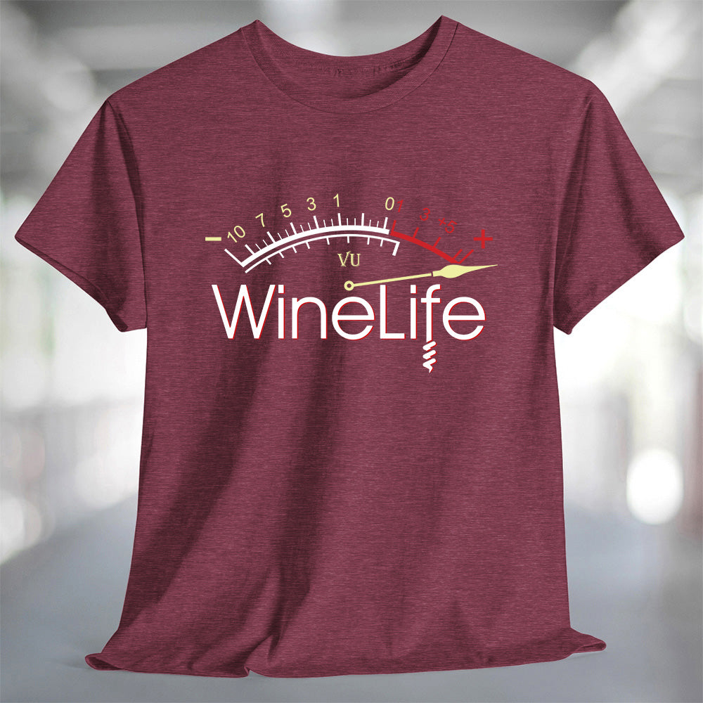 Red Wine Life Overload T-Shirt featuring a stylish gauge design on a maroon tee.