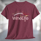 Red Wine Life Overload T-Shirt featuring a v-neck design with a wine-themed graphic.