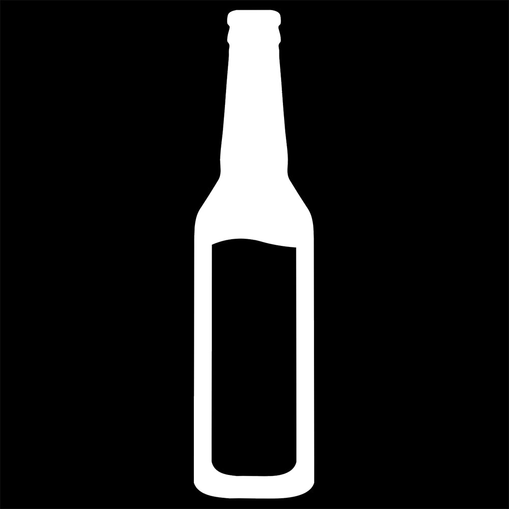 White decal silhouette of a beer bottle with wavy liquid in it.