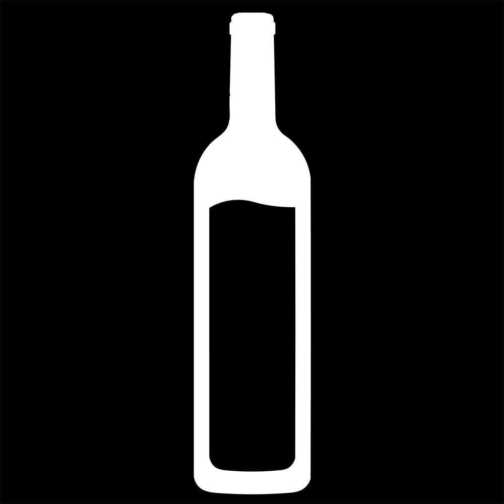 White decal silhouette of a wine bottle with wavy liquid in it.