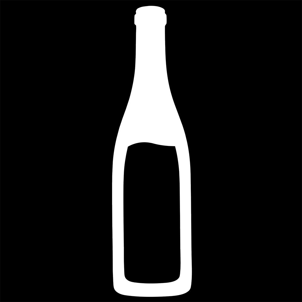 White decal silhouette of a burgundy wine bottle with wavy liquid in it.