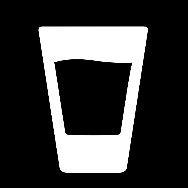 White decal silhouette of a shot glass with wavy liquid in it.