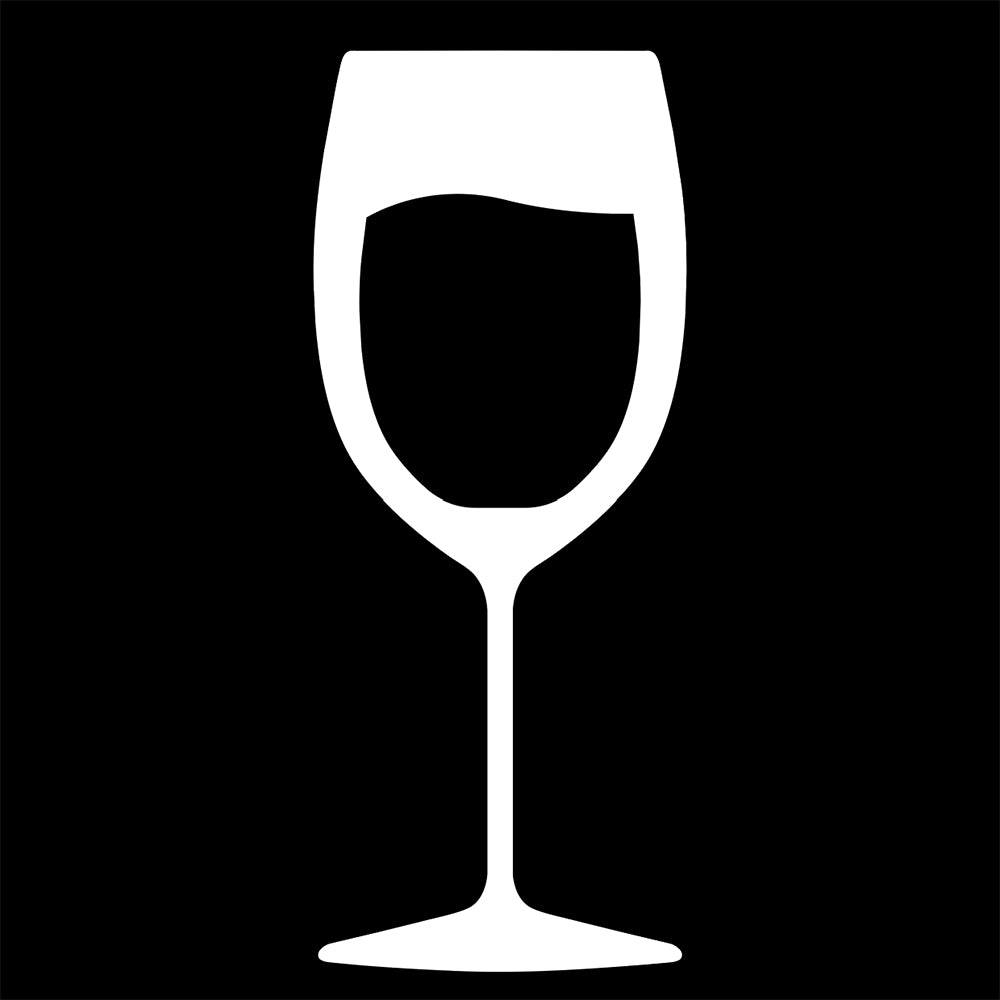 White decal silhouette of a wine glass with wavy liquid in it.