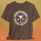 Heather brown t-shirt, with white United Federation of Beverages Stirfleet Academy logo, martini glass ice cube umbrella graphic on front of shirt.