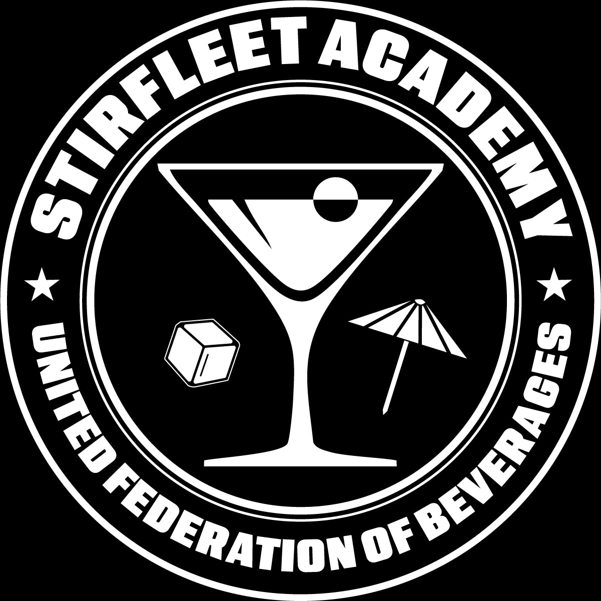 United Federation of Beverages Stirfleet Academy, white graphic design on black background, with martini glass, ice cube, and umbrella. Main image